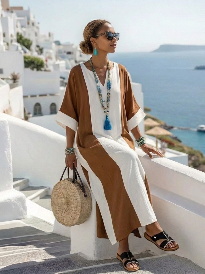 Sarah | Maxi Robe Casual de Mangas Curtas Bicolor