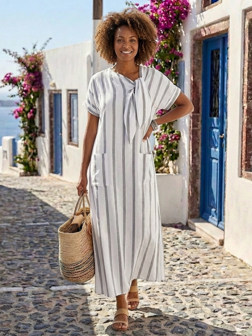 Chloé | Vestido Midi Listrado com Colarinho Amarrado e Bolsos