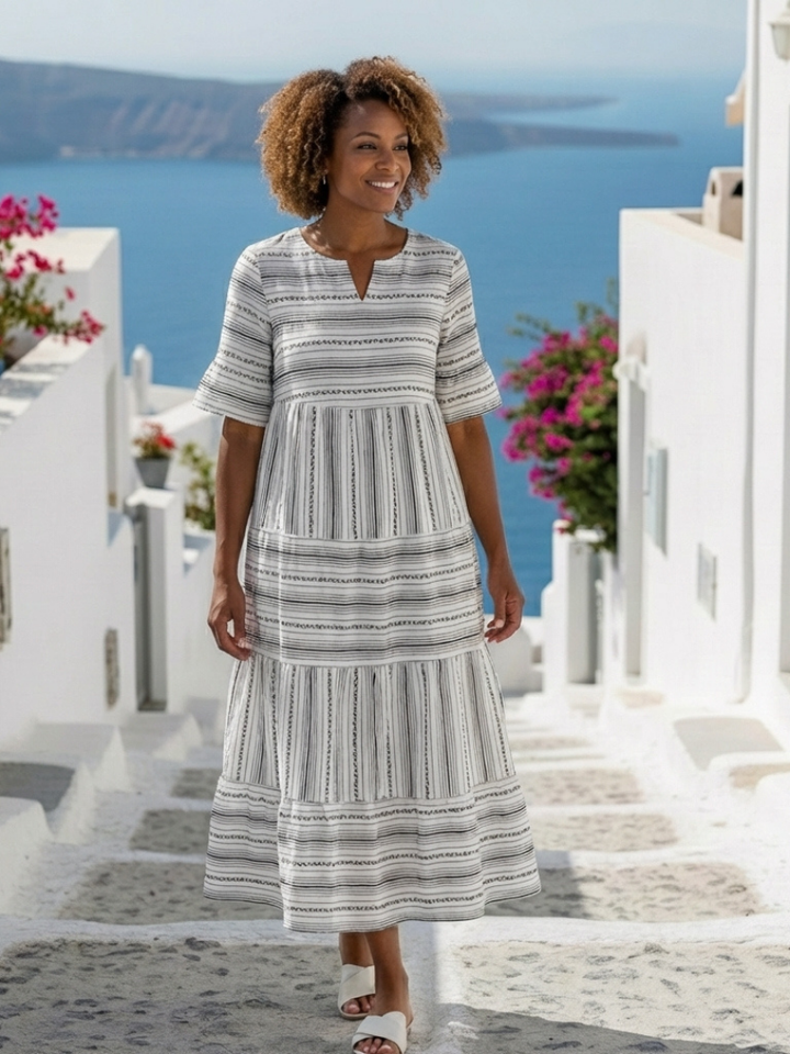 Maëlys | Vestido midi listrado com mangas curtas