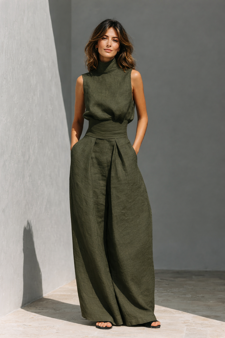 Maria - Conjunto de top e calças largas em algodão e linho minimalista para mulher