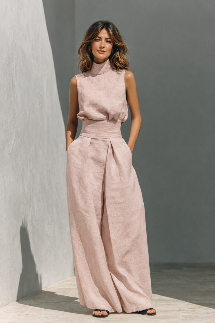 Maria - Conjunto de top e calças largas em algodão e linho minimalista para mulher