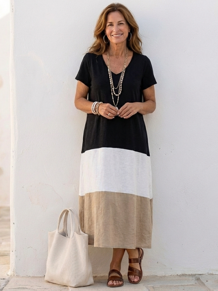 Valentine | Vestido Midi Bicolor com Decote em V e Mangas Curtas