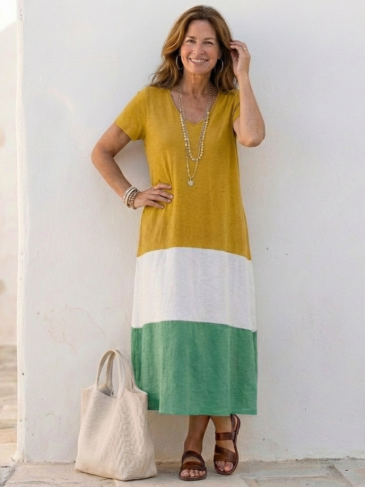 Valentine | Vestido Midi Bicolor com Decote em V e Mangas Curtas