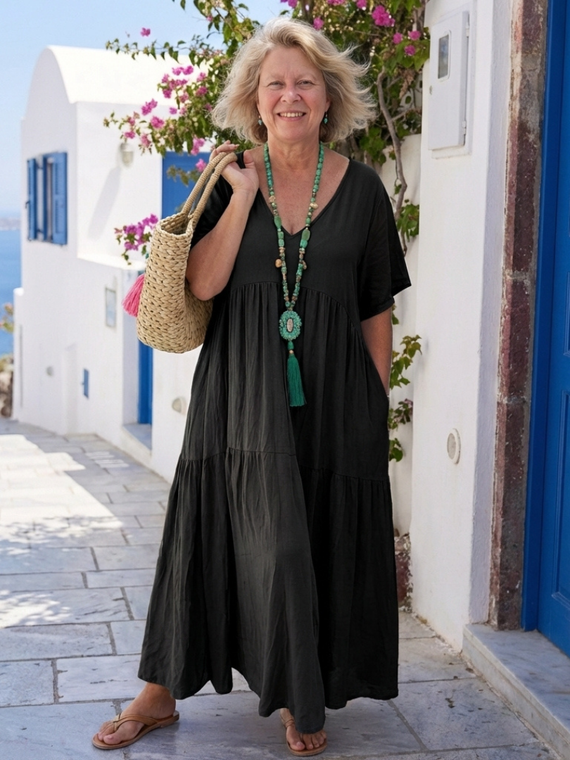 Yvonne | Maxi Dress Azul com Mangas Curtas e Detalhes em Volantes