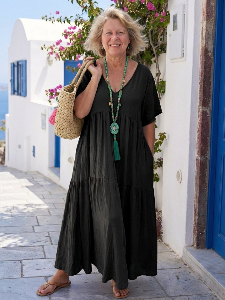 Yvonne | Maxi Dress Azul com Mangas Curtas e Detalhes em Volantes
