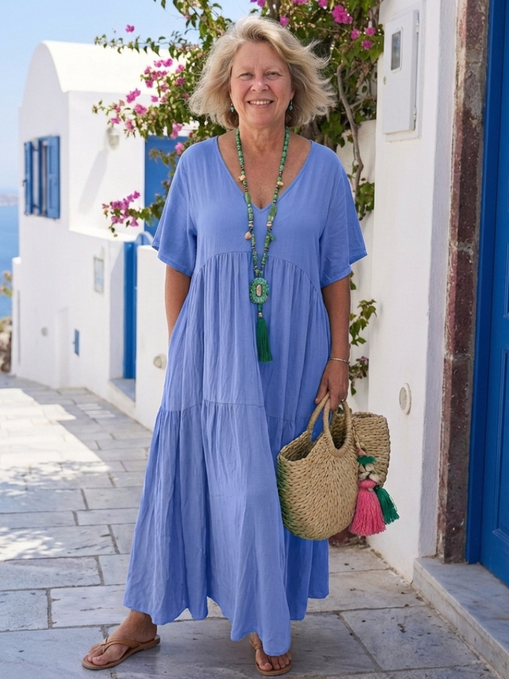 Yvonne | Maxi Dress Azul com Mangas Curtas e Detalhes em Volantes