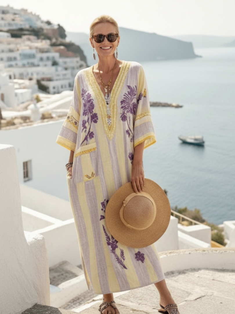Iris | Vestido Maxi Listrado com Estampa Floral, Decote em V e Mangas Semi-Longas