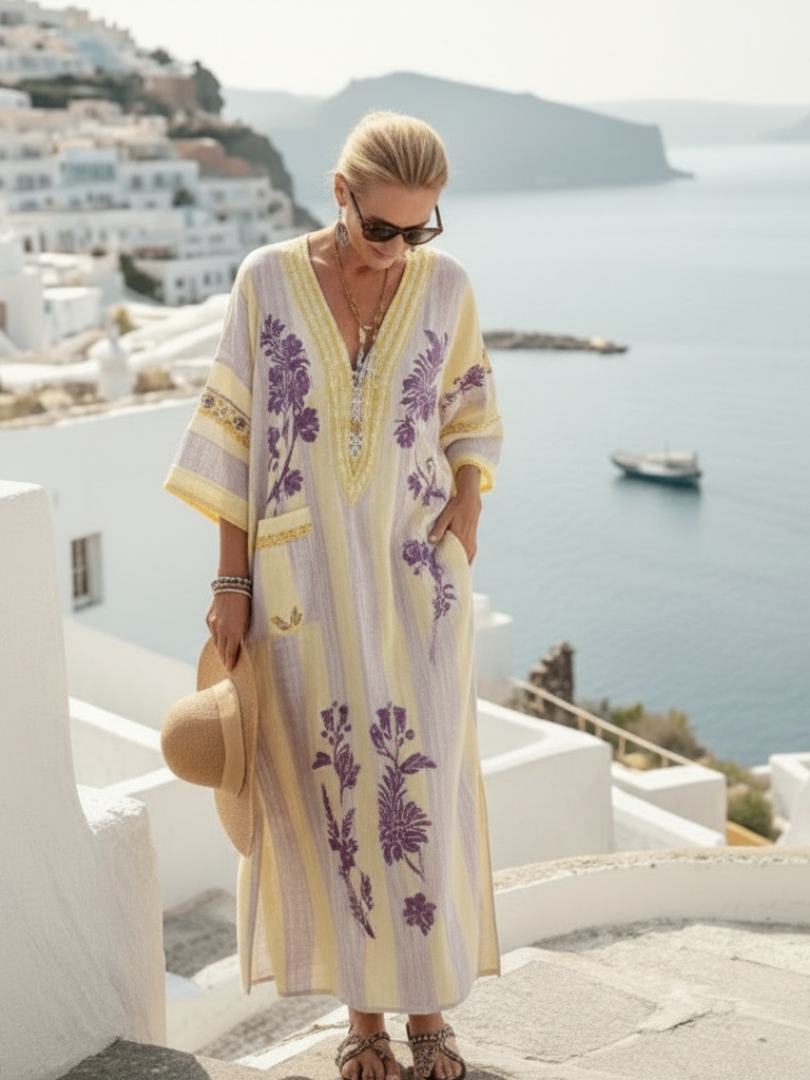 Iris | Vestido Maxi Listrado com Estampa Floral, Decote em V e Mangas Semi-Longas
