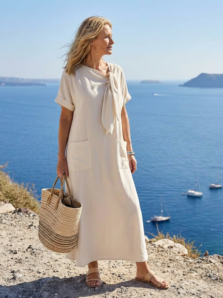 Ameline | Vestido Maxi de Decote Redondo e Mangas Curtas com Bolsos