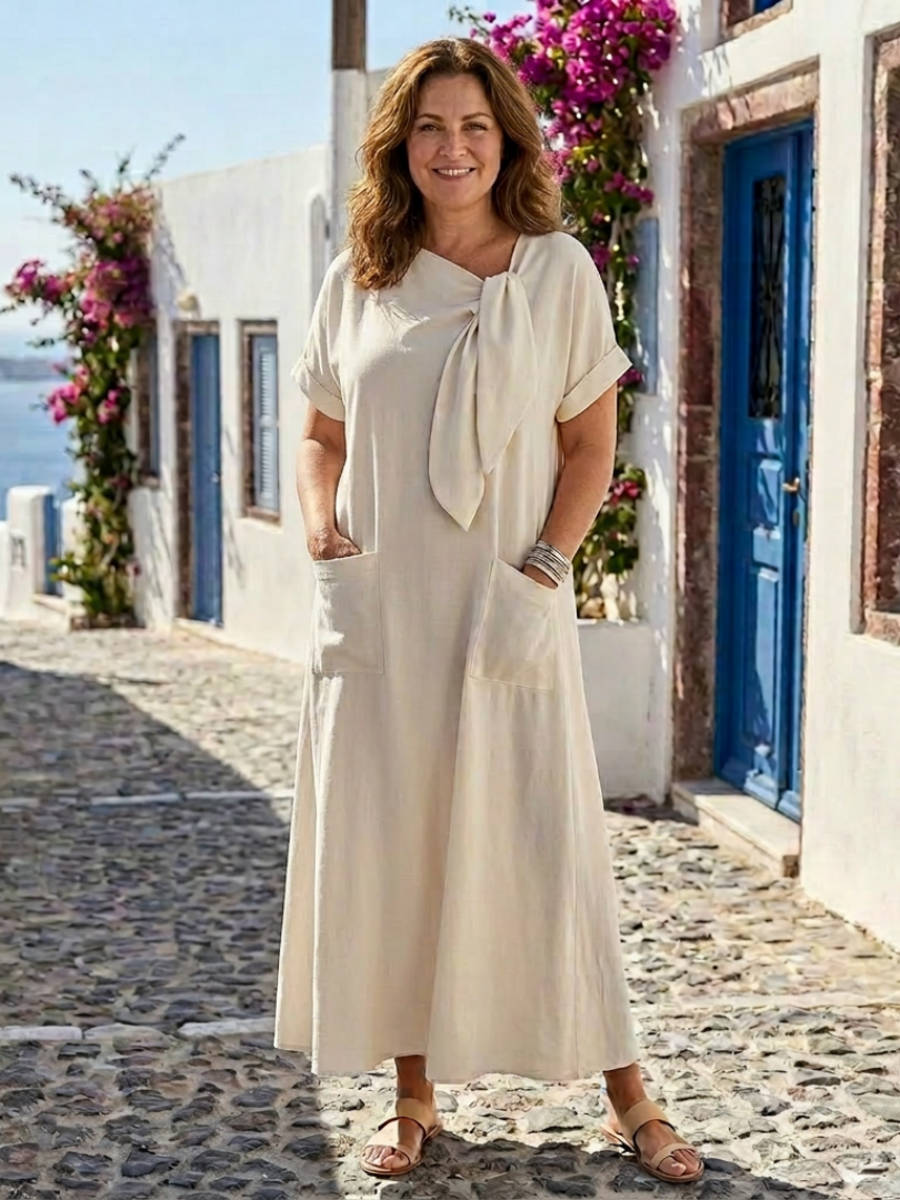 Ameline | Vestido Maxi de Decote Redondo e Mangas Curtas com Bolsos