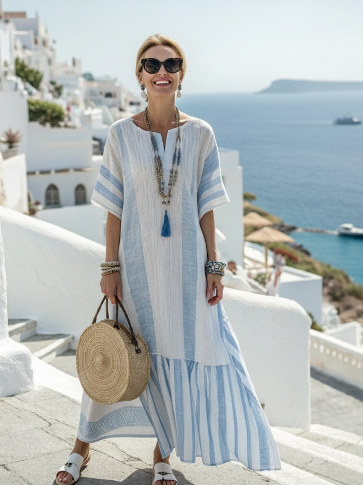 Apolline | Vestido Maxi Listrado com Decote Redondo e Mangas Curtas