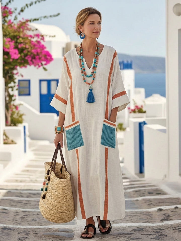 Madeleine | Vestido Maxi com Mangas Médias e Decote em V