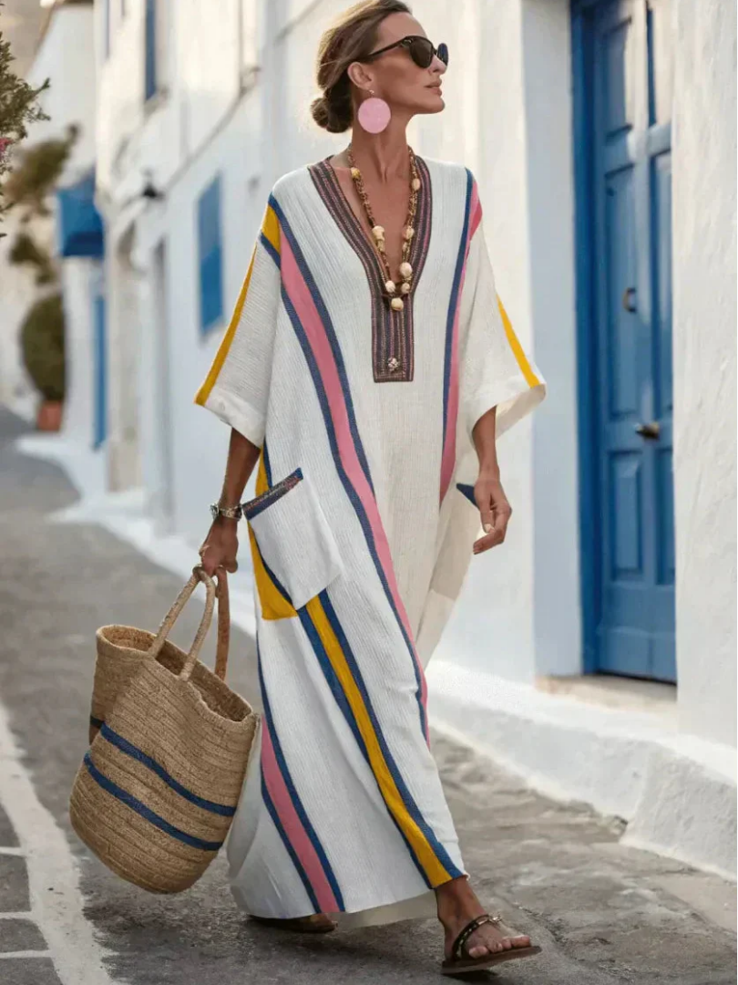 Madeleine | Vestido Maxi com Mangas Médias e Decote em V