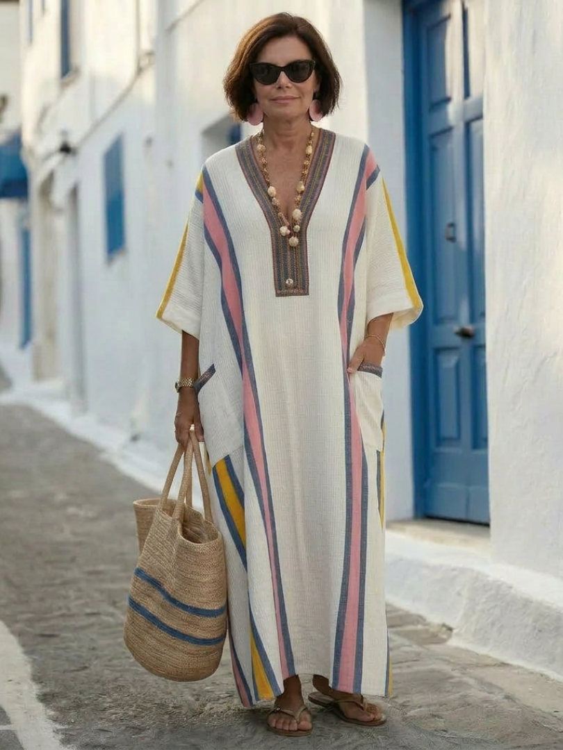 Madeleine | Vestido Maxi com Mangas Médias e Decote em V