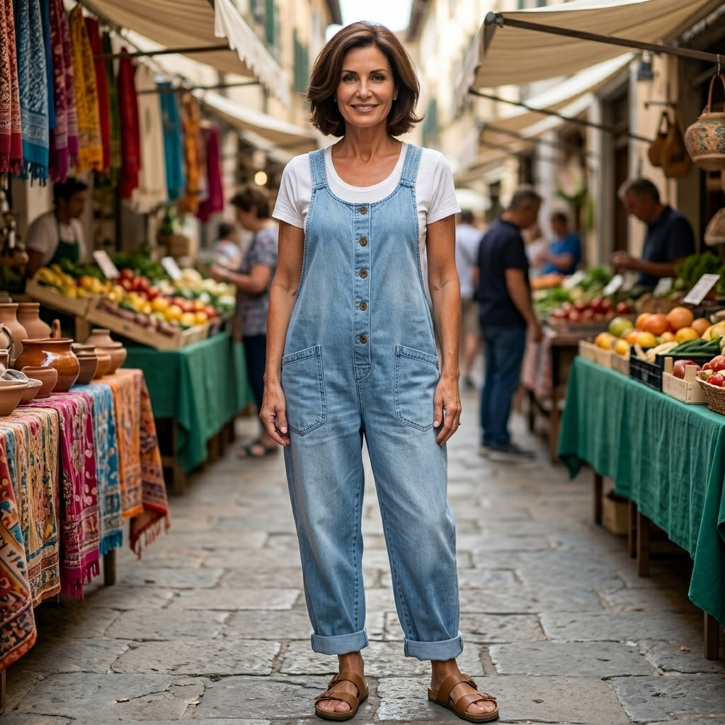 Sara - Jardineiras de Algodão em Ganga Lavada Vintage